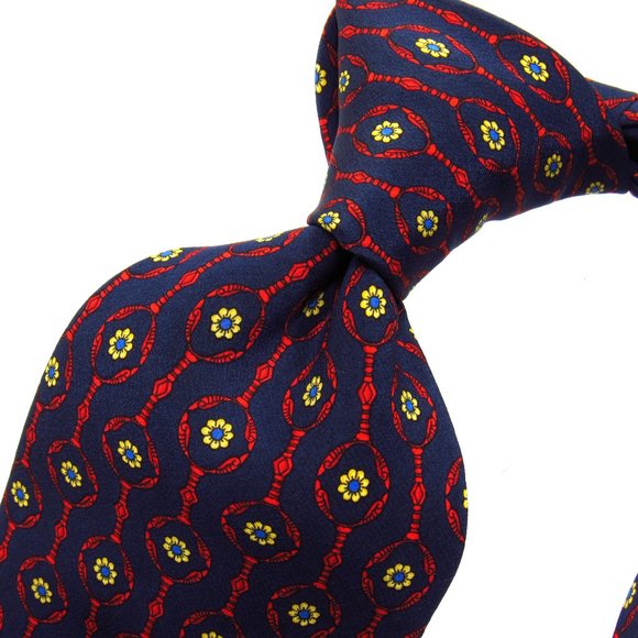 SANT' ANDREA Men's Printed Silk Tie Rosettes Floral Pattern Made in Italy Navy - Picture 2 of 6